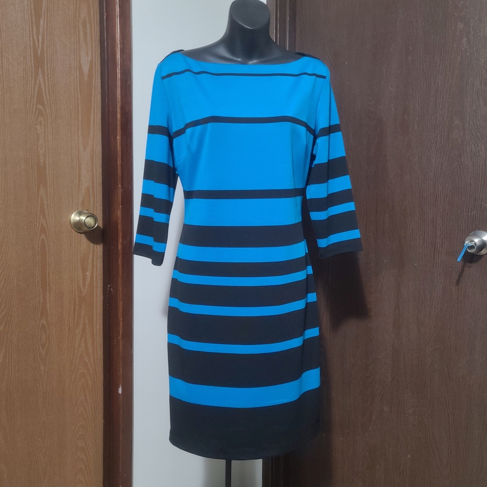 Le Chateau Blue and Black Striped Long Sleeve Dress
